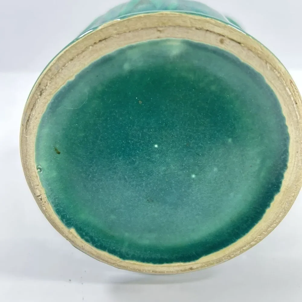 Vintage Green Ceramic Trumpet Vase Unmarked Art Deco Flared Leaf Design